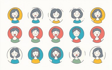 A set of minimalist line art icons, featuring a short-haired woman in her thirties with a range of emotions including happiness, sadness, anger, and surprise. 