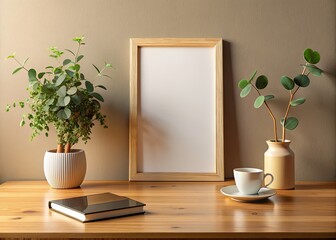 Low Light Home Office Mockup: Empty Wooden Frame, Eucalyptus, Coffee, Books
