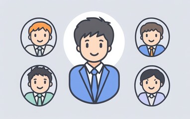 A set of simple line art icons, depicting a young Japanese male in a suit with short hair and a round face. 