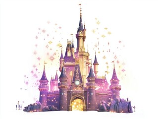 A large, colorful castle with a clock tower and a golden gate. The castle is surrounded by a white background
