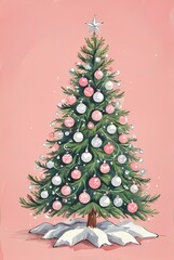 Obraz premium A pink. snow-themed Christmas tree with stars. balloons. and colorful balls in a cheerful. inviting display.