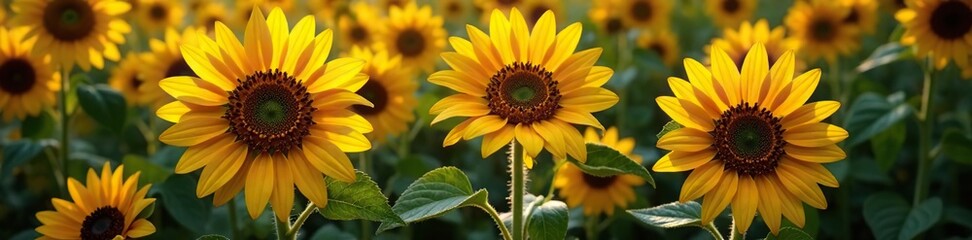Obraz premium Bright sunflower blooms amidst a patch of brown withered leaves, sunflower, garden, foliage