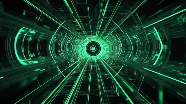 Video footage of futuristic, neon green tunnel with geometric patterns and a glowing central point, resembling a high tech portal or digital vortex