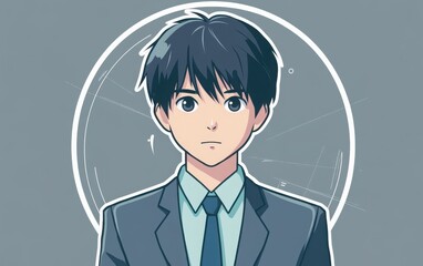 Minimalistic line art icons of a young Japanese male in a suit with short hair and a round face, wearing a blue shirt.