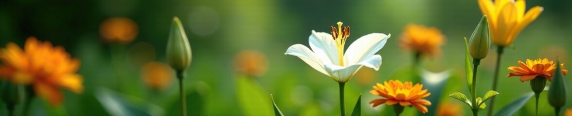 Obraz premium Elegant white lily blooms in a lush green garden amidst vibrant flowers, blooming flowers, garden flowers