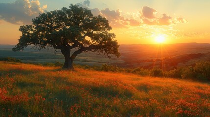 Fototapeta premium Sunset Over a Lone Tree in a Vibrant Flower Field