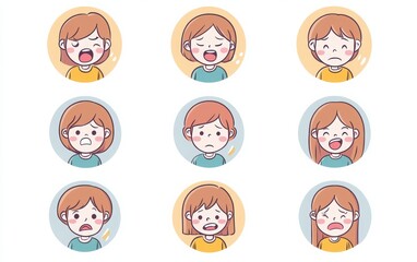 Fototapeta premium Simple line art icons in a cute and colorful circular format, featuring a short-haired woman in her thirties expressing emotions such as happiness, sadness, anger, and surprise. 