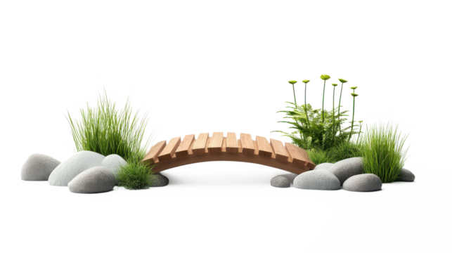 A wooden bridge with a stone border and grassy area in front of it on transparent background