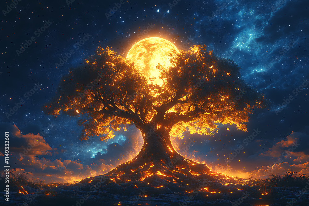Poster a luminous tree against a glowing moonlit sky, creating an enchanting atmosphere.