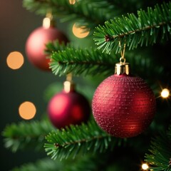 Glittering red Christmas ball hangs from crystal ornament on evergreen tree with festive bokeh effect, glittery christmas, xmas ornaments, crystal