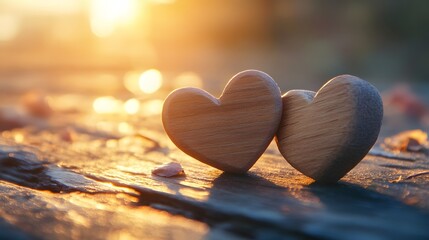 Fototapeta premium Two Wooden Hearts Resting at Sunset