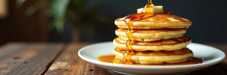 golden brown pancakes stacked high on a plate with a honey drizzle, pancakes, food
