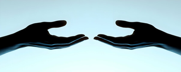 Two hands reaching towards each other against a soft gradient background.