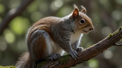 A fluffy grey and red squirrel perched on a mossy branch, sunlight illuminating its fur.