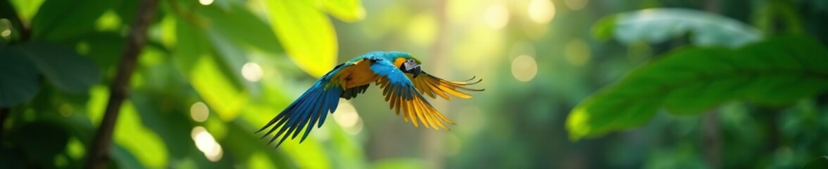 Obraz premium Macaw flying with vibrant blue and yellow feathers against a lush green jungle background, flight path, sunlight filtering