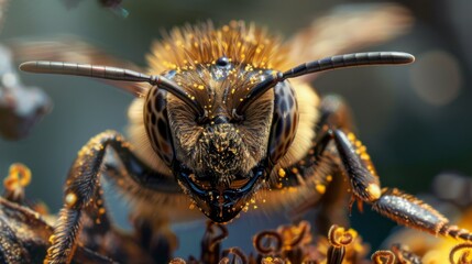 Close-Up of Honeybee Collecting Pollen from Flower Stamen
