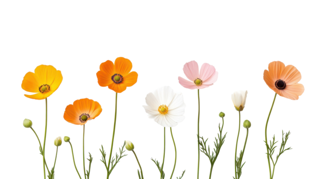 A row of flowers with a white background on transparent background - Powered by Adobe