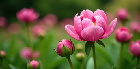 Fototapeta premium Pink peony buds in a garden with blooming flowers, naturephotography, fresh, blooms