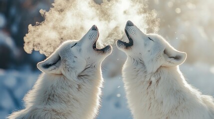 Naklejka premium Arctic Wolves Howling in the Winter Sun