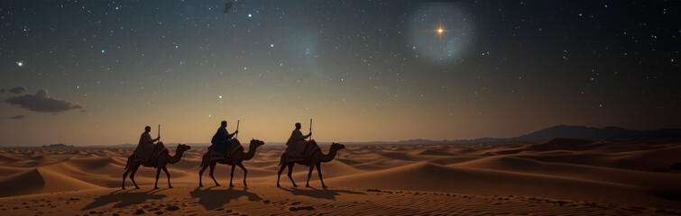 Horizontal shot with space for text of the Magi following the star of Bethlehem