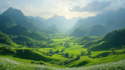 Fototapeta premium A lush green valley with trees and mountains