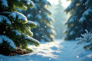 Snowflakes gently falling on the evergreen trees and forest floor, evergreen, delicate
