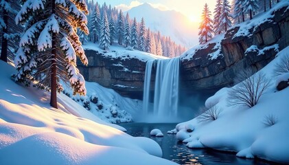 Snowy forest with a frozen waterfall cascading down a mountain slope, waterfall, forest