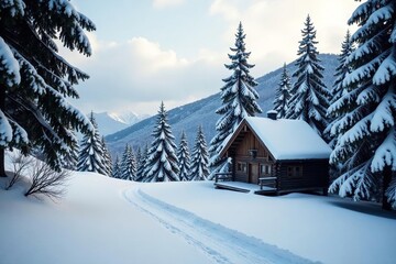 Snowy forest landscape with a wooden cabin in the distance, peaceful surroundings, natural beauty