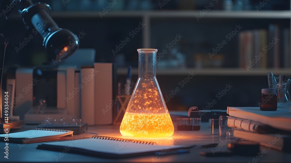Aufkleber glowing erlenmeyer flask in a nighttime laboratory setting