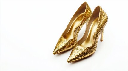 Gold high heels with a glittering finish on a white background, perfect for a luxurious look.