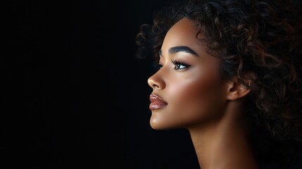Fototapeta premium Young Woman Posing in Profile with Beautiful Curly Hair and Makeup