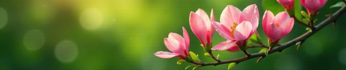 Obraz premium Soft pink petals unfolding on a lush green branch, nature, pink