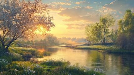 Obraz premium spring landscape with river and trees at sunrise