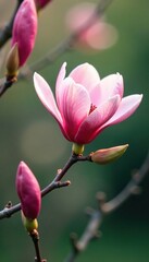 Soft pink magnolia blooms on a delicate tree branch, greenery, branches