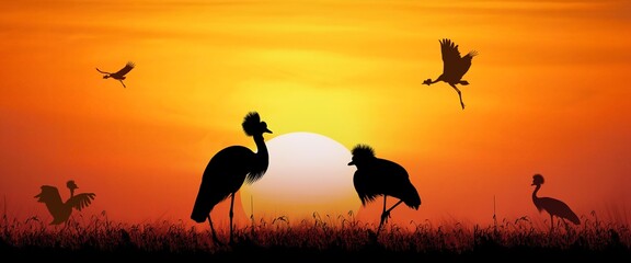Naklejka premium African wildlife group of crown bird on the savannah 