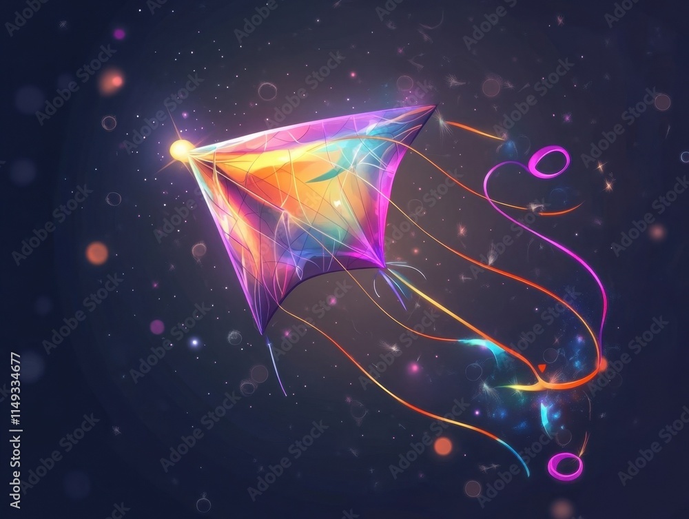 Wall mural a colorful kite with a rainbow tail is flying in the sky. the kite is made of a translucent material