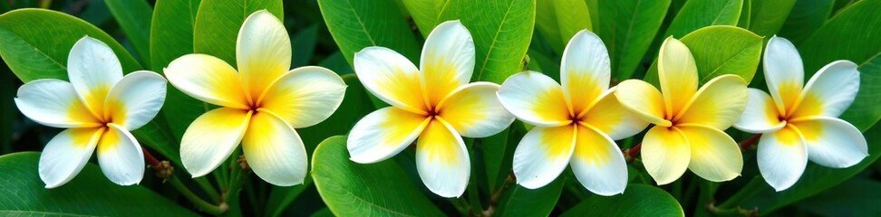 Fototapeta premium stunning white and yellow plumeria flowers arranged in a loose, organic shape against a vibrant green leafy background, floral arrangement,, garden flowers
