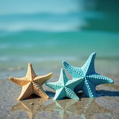 Starfishes in shades of indigo and turquoise arranged artfully on the shore of a tranquil lake, water features, serenity
