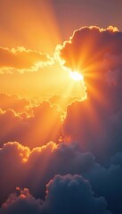 Sunlight filtering through clouds in a gradient orange color scheme, sunbeams, daytime sky, natural beauty
