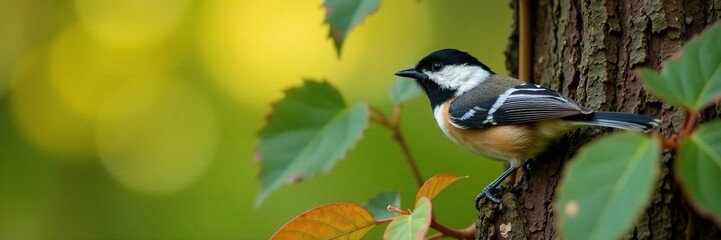 Naklejka premium The black capped chickadee's vibrant plumage against the muted tones of the tree bark and leaves, wildlife, leaves, outdoor