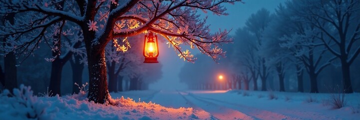 The orange light from a distant lantern illuminates the frost-covered branches of a bare tree in the chill of night, distant, frost, bare