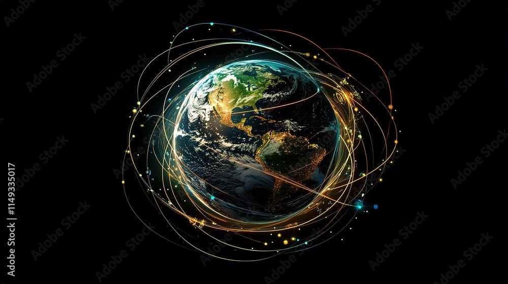 Poster global connection lines surrounding the earth globe in space