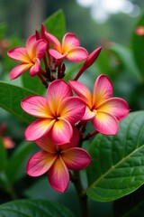 Fototapeta premium Vibrant plumeria flowers blooming in a lush garden, floral arrangement, big bright flowers, nature beauty