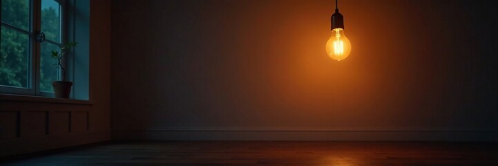 A lone lit-up light bulb hangs from the ceiling, casting an intimate glow over a quiet room, cozy, intimate