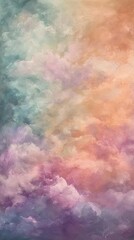 Fototapeta premium A painting of a colorful sky with clouds. The sky is a mix of blue, purple, and orange. The clouds are fluffy and spread out across the sky. The painting gives off a feeling of calmness and serenity