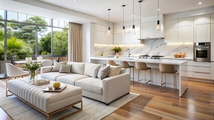 Modern Minimalist Kitchen Living Room Interior Design: Sleek White Cabinets, Marble Countertops, Beige Sofa
