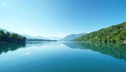 Obraz premium A still and serene lake with a perfect blue sky, serene, clear water, tranquil atmosphere