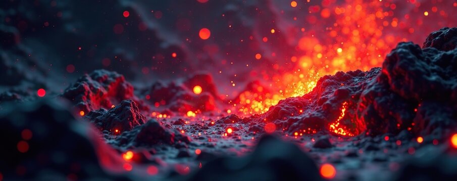 Abstract red sparks suspended in a sea of bubbling lava, hot lava,, lava particles