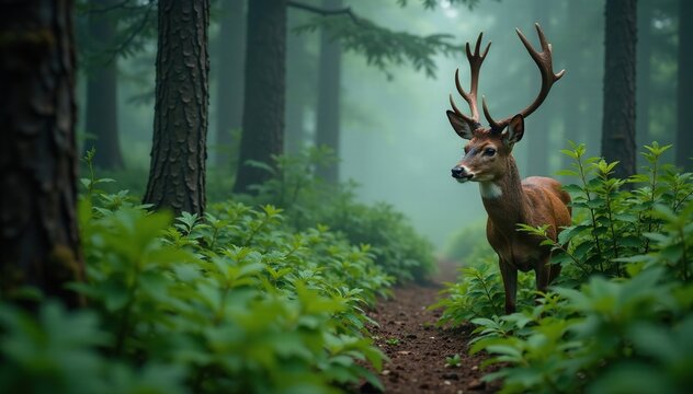Blacktail buck hidden behind thick ferns in a misty forest clearing, wildlife, bush