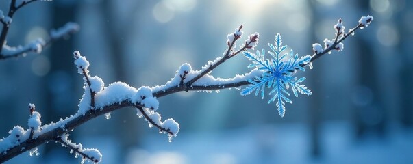 Blue snowflake suspended between two branches in a frost-covered forest, branch, tranquil